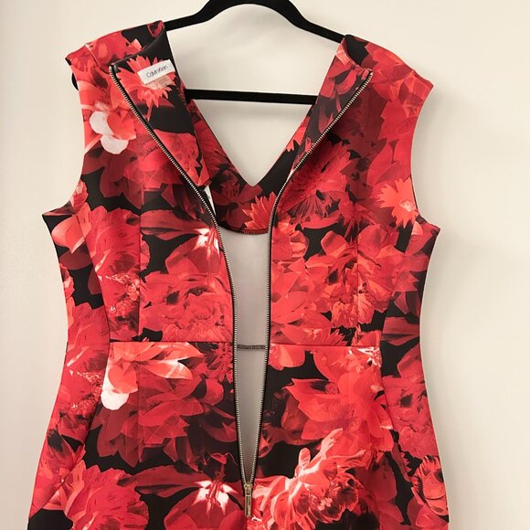Calvin Klein Women's Red Black Floral Sheath Scuba Dress Size 16 - Picture 9 of 9